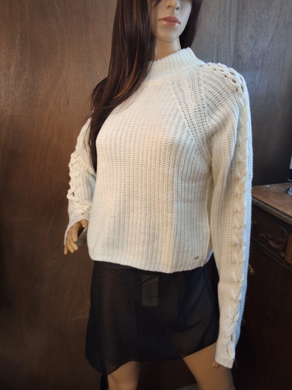 Guess Cream Cable-Detail Mock Neck Sweater